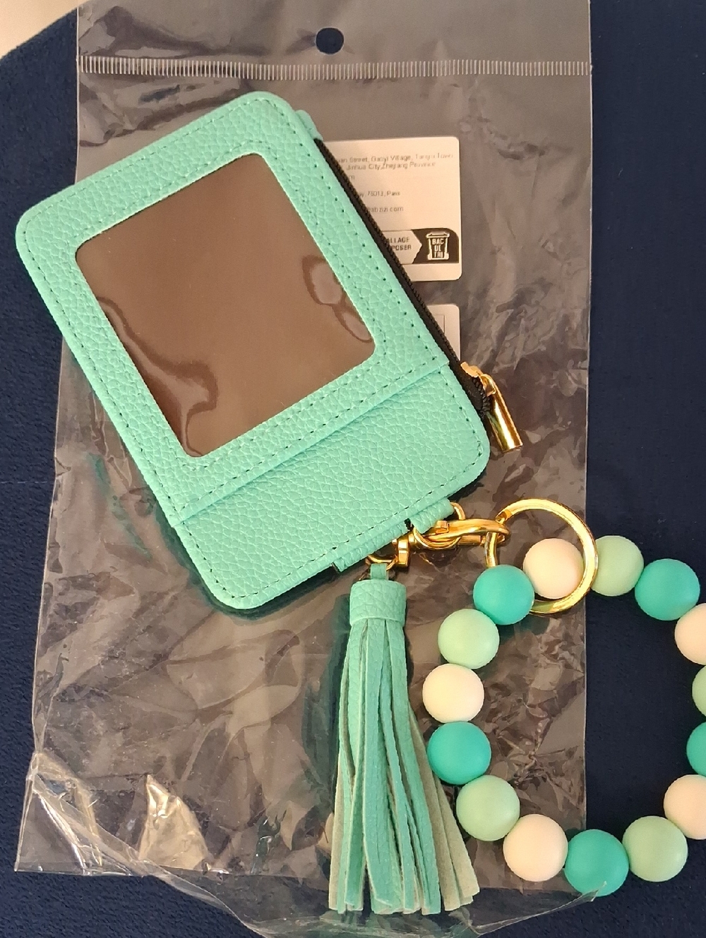 Aqua Teal Card Holder with Tassel and Beaded Wristlet